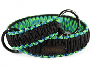 Stahovací obojek paracord KLASIK NEON BLACK modrozelený  šířka 3 nebo 4 cm | černé kroužky šířka: 4 cm, reflexní provedení: ne, obvod hlavy (velikost…