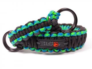 Stahovací obojek paracord TWIST NEON BLACK modrozelený  šířka 3 nebo 4 cm | černé dvojité kroužky šířka: 3 cm, obvod hlavy (velikost nelze měnit): 42…