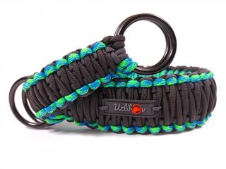 Stahovací obojek paracord TWIST NEON BLACK modrozelený  šířka 3 nebo 4 cm | černé dvojité kroužky šířka: 4 cm, obvod hlavy (velikost nelze měnit): 40…