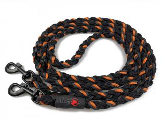 Vodítko paracord 220 cm přepínací KLASIK BLACK tmavě oranžové  pro psy do cca 40 kg | klasické černé karabiny použitý paracord: normální