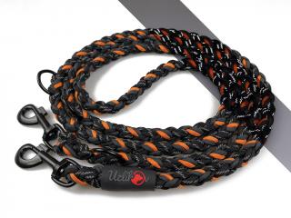 Vodítko paracord 220 cm přepínací KLASIK BLACK tmavě oranžové  pro psy do cca 40 kg | klasické černé karabiny použitý paracord: reflexní