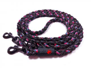 Vodítko paracord 220 cm přepínací KLASIK NEON BLACK modrorůžové  pro psy do cca 40 kg | klasické černé karabiny použitý paracord: reflexní