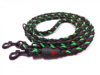 Vodítko paracord 220 cm přepínací KLASIK NEON BLACK zelené  pro psy do cca 40 kg | klasické černé karabiny použitý paracord: normální