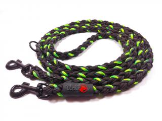 Vodítko paracord 220 cm přepínací KLASIK NEON BLACK žlutozelené  pro psy do cca 40 kg | klasické černé karabiny použitý paracord: normální