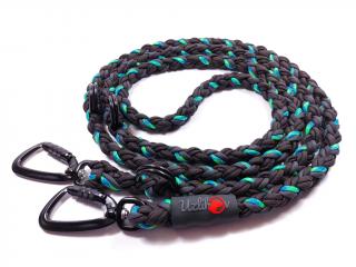 Vodítko paracord 220 cm přepínací TWIST NEON BLACK modrozelené  pro psy do cca 50 kg | duralové twist-lock černé karabiny použitý paracord: normální