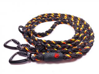 Vodítko paracord 220 cm přepínací TWIST NEON BLACK žlutooranžové  pro psy do cca 50 kg | duralové twist-lock černé karabiny použitý paracord: normální