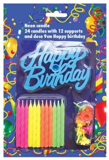 24 svíček se stojánky a plastovým nápisem Happy Birthday