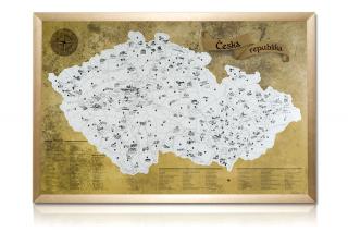 Stírací mapa České republiky 60x90cm - stříbrná krycí barva + zlatý rám