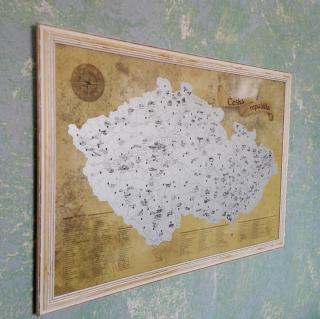 Stírací turistická mapa ČR 60x90cm - stříbrná + rám imitace starého rámu - šířka lišty 39mm