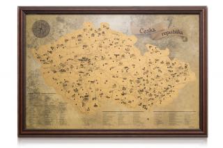 Stírací turistická mapa ČR - 60x90cm - zlatá + rám tmavě hnědý