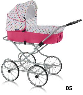 Prampol Kočárek pro panenky Emilie Joy - 05 růžový s barevnými  puntíky