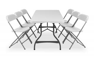 Skládací stůl se 6 skládacími židlemi, bílý