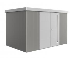 Zahradní domek NEO 2D, stěny šedý křemen + střecha/dveře stříbrná, dvoukřídlé dveře