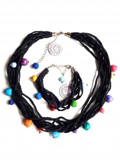 Černý šňůrkový náhrdelník s kuličkami (s náramkem) Náhrdelník + náramek: C