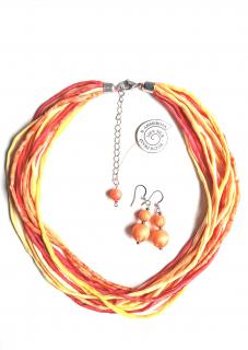Hedvábný náhrdelník do oranžova s náušnicemi Náhrdelník + náušnice: D