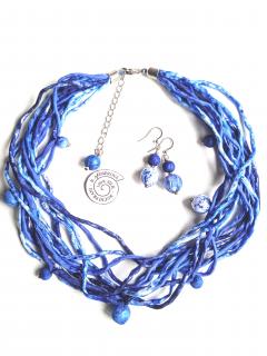 Hedvábný náhrdelník jasně modrý s náušnicemi Náhrdelník + náušnice: B