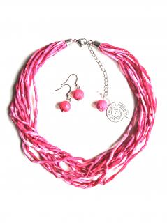 Hedvábný náhrdelník jasně růžový s náušnicemi Náušnice: B