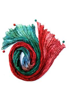 hedvábný šál zeleno-červený s korálky
