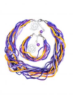 Žlutofialový šňůrkový náhrdelník (s náramkem) Náhrdelník + náramek + náušnice: D