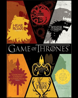 Plakát Hra o trůny: Znaky rodů Stark, Lannister, Targaryen, Martell, Baratheon ad. (91 x 61 cm)