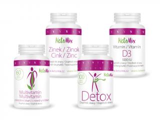 KetoMix Vitamínový balíček pro dobrou imunitu | Zinek - 30 kapslí | Vitamín D3 -  30 kapslí | Multivitamín - 60 kapslí | Detox - 100 kapslí