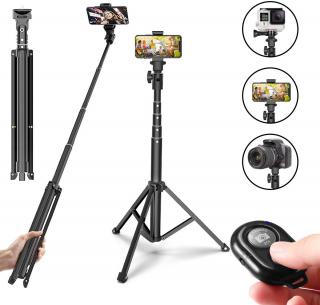 Cestovní stativ na kameru i mobil se selfie tyčí, ovladačem a držákem telefonu