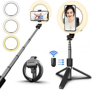 Selfie tyč se stativem, dálkovým ovladačem a kruhovým LED světlem