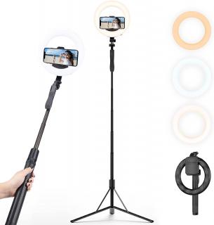 Stativ 160cm selfie tyč se steadicam, kruhovým LED světlem pro mobil + bluetooth ovladač