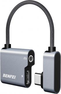 Zalomený USB-C adaptér na 3,5mm jack TRRS mikrofon nebo sluchátka a nabíjení zároveň