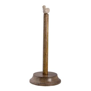 Hnědý dřevěný držák na role, porcelánovou slepičkou - Ø 14*34 cm