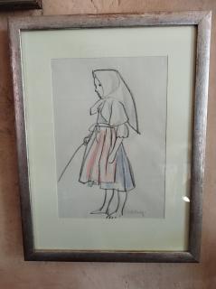 Karel Svolinský - Stará originál kresba -  bosá dívka v šátku