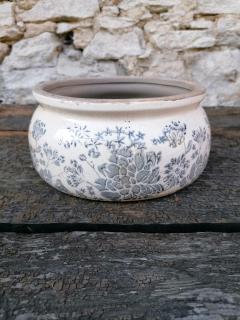 Keramický květináč s šedými květy -  Ø 20*8 cm