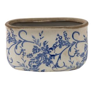 Oválný keramický obal na květináč s modrými květy - 17*9*10 cm