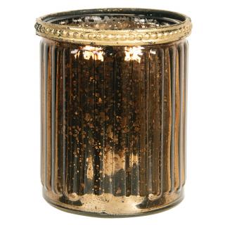 Zlato hnědý skleněný svícen s kovovým zdobením - Ø 8*9 cm