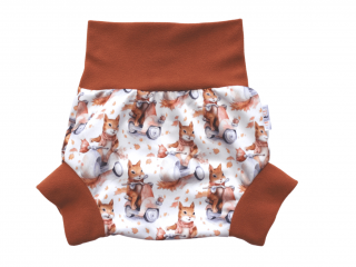 Natahovací svrchní kalhotky PUL - Veverka na mopedu VELIKOST: S (4-7kg)