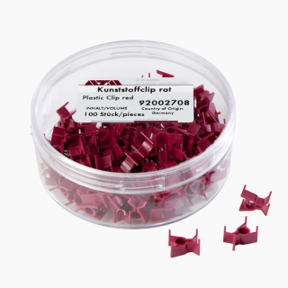 Plastové svorky červené Množství v balení: 100ks, (≥ 5 bal = 5% sleva • ≥ 10 bal =10% sleva )