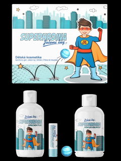 Dárková sada | Superhrdina - Dětská kosmetika s vůní a příchutí Bubble Gum - Sprchový gel | Jelení lůj | Pěna do koupele + dárek Skákací míček