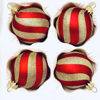 Barevné retro - Vánoční skleněné koule s červenými a zlatými pruhy  (sada 4 ks, Velikost 7 cm) Balení: 4ks, Barva: červená;zlatá, Velikost: 7 cm