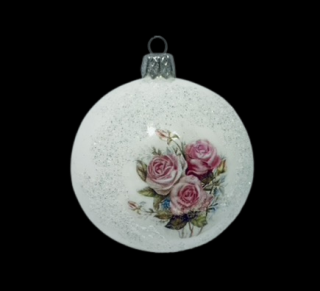 Bílá elegance: Skleněná ozdoba 8cm - Růžové růže (s dárkovou krabičkou) IRISA  Balení: 1ks, Barva: bílá, Velikost: 8 cm