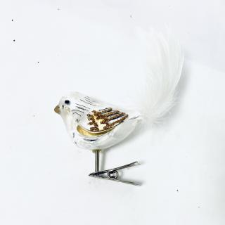 Bílý ptáček s zlatými křídly - ručně foukaná ozdoba (8 cm)  Balení: 8 cm, Barva: bílá, Velikost: 8 cm