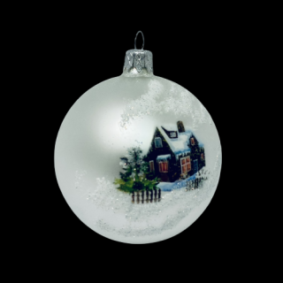 Bílý vánoční kraj: Skleněná ozdoba 8cm - Zasněžený rodný dům (s dárkovou krabičkou) IRISA  Balení: 1ks, Barva: bílá, Velikost: 8 cm