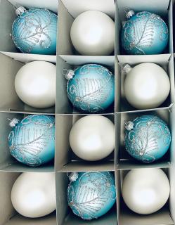 Irisa Vánoční exkluzivní ozdoby BRIGITA ladná kombinace tyrkysové a bílé koule Velikost 8 cm, SET 12 ks Balení: 12ks, Barva: tyrkysová;bílá, Velikost:…