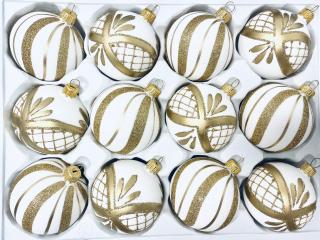 Irisa Vánoční exkluzivní ozdoby LARA bílé koule se zlatým dekorem  Velikost 7 cm, SET 12 ks Balení: 12ks, Barva: bílá, Velikost: 7 cm