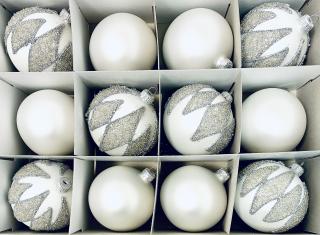Irisa Vánoční exkluzivní ozdoby NIKA bílé koule kombinace s dekorem Velikost 8 cm, SET 12 ks Balení: 12ks, Barva: bílá, Velikost: 8 cm