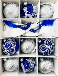 Irisa Vánoční exkluzivní ozdoby NOEMI kombinace modré a stříbrné koule a ptáčci na skřipci  Velikost 8 cm, SET 11 ks Balení: 11ks, Barva:…