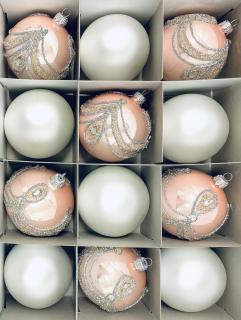 Irisa Vánoční exkluzivní ozdoby RÁCHEL ladná kombinace bílé a růžové koule Velikost 8 cm, SET 12 ks Balení: 12ks, Barva: bílá;růžová, Velikost: 8 cm