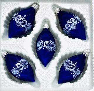Irisa Vánoční ozdoby ALŽBĚTA modrá oliva s dekorem cibulák 8 cm, 5 ks Balení: 5ks, Barva: modrá, Velikost: 8 cm