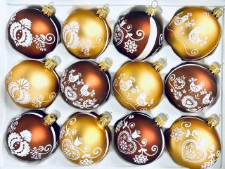 Irisa Vánoční ozdoby JITŘENKA kombinace tmavě a světle hnědé koule s dekorem perník 7 cm, SET 12 ks Balení: 12ks, Barva: hnědá, Velikost: 7 cm