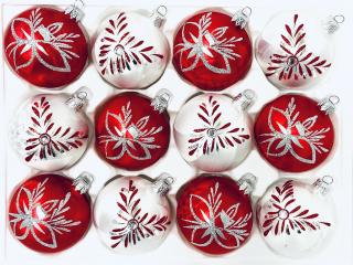 Irisa Vánoční ozdoby LIANA kombinace bílé a červené koule s dekorem mrazolak  5 cm, SET 12 ks Balení: 12ks, Barva: bílá;červená, Velikost: 5 cm
