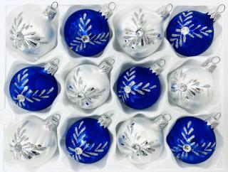 Irisa Vánoční ozdoby LUISA kombinace bílé a modré koule s dekorem mrazolak  7 cm, SET 12 ks Balení: 12ks, Barva: modrá;bílá, Velikost: 7 cm